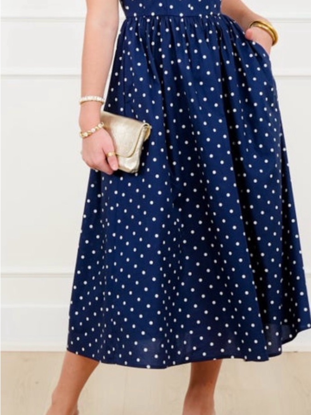 entro Navy and White Polka Dot Midi Skirt